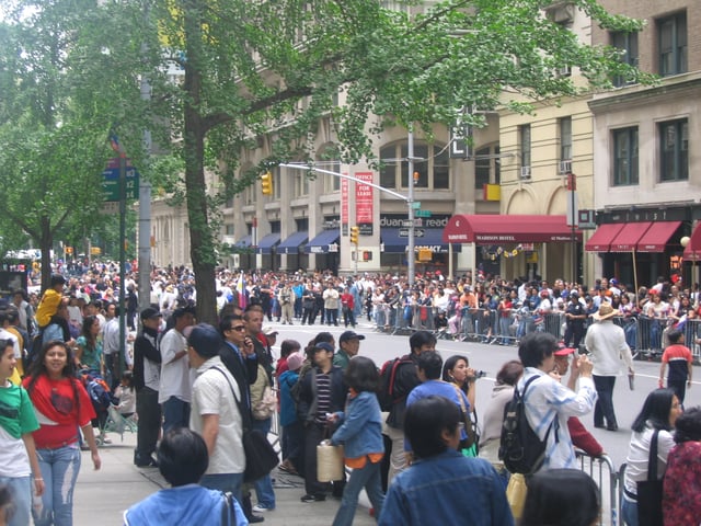 Spectators at the annual Philippine Independence Day Parade on Madison Avenue in Manhattan, New York City