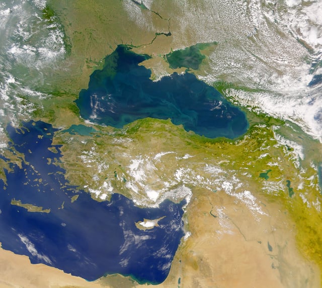 The Danube discharges into the Black Sea (the upper body of water in the image).