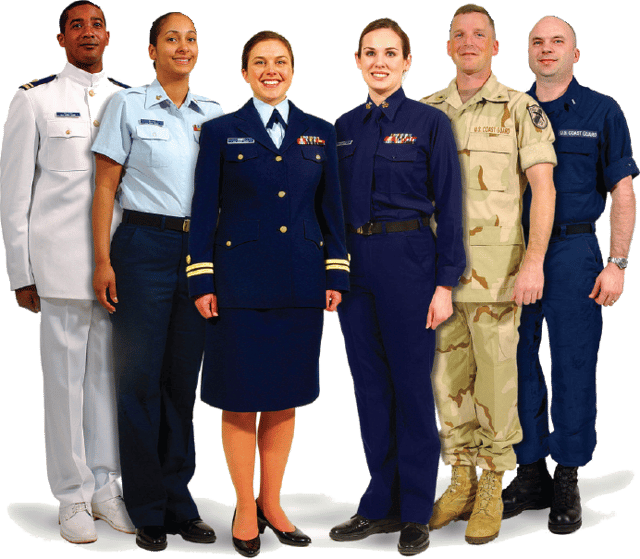 Photo showing a variety of Coast Guard uniforms. From Left: Service Dress White, Tropical Blue, Service Dress Blue, Winter Dress Blue, Camouflage Utility Uniform, Operational Dress Uniform