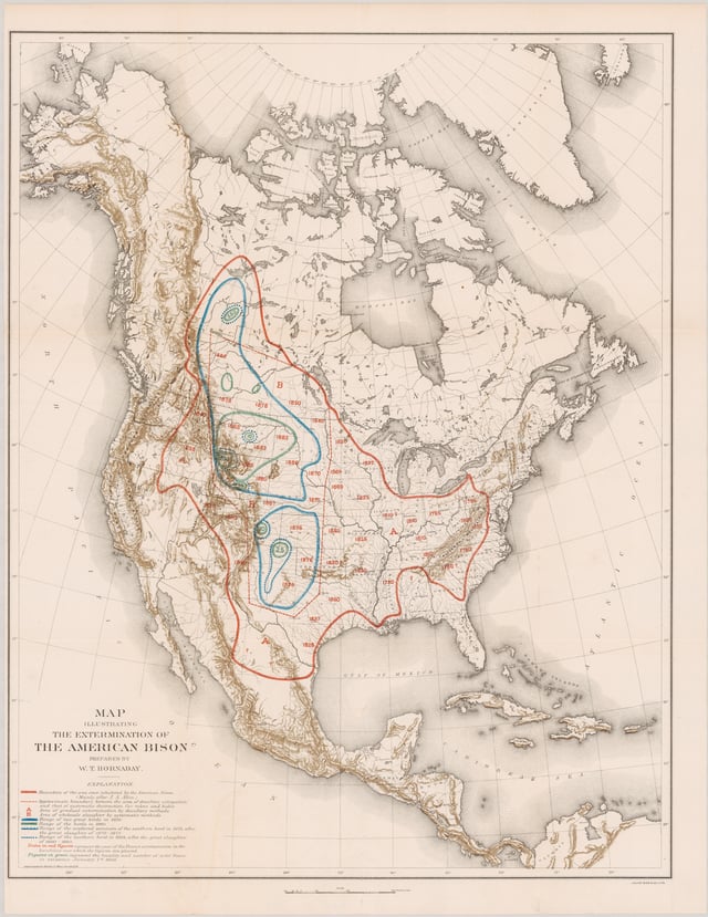 Map from 1889 by William T. Hornaday, illustrating the Extermination of the American Bison