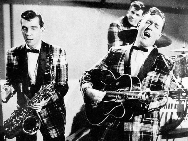 Bill Haley & His Comets in 1954. Left to right: Joey D'Ambrosio, Dick Richards, Bill Haley