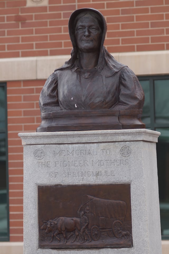 Memorial to Springville, Utah's pioneer mothers. It was unveiled in 1932 by sculptor Cyrus Dallin, who had been born in Springville in 1861.