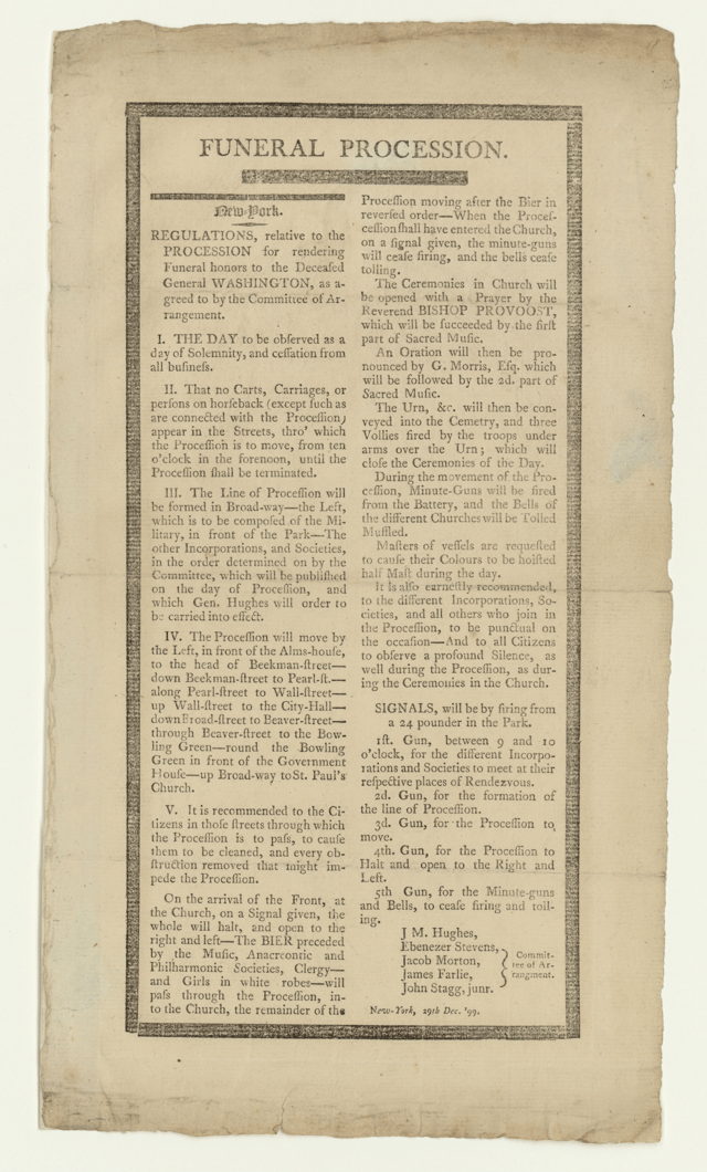 Published regulations for the funeral procession in honor of Washington (in New York City)