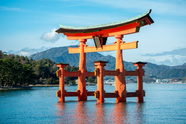 The torii of Itsukushima Shinto Shrine near Hiroshima, one of the Three Views of Japan and a UNESCO World Heritage Site