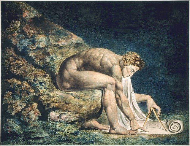 Newton, by William Blake; here, Newton is depicted critically as a "divine geometer". This copy of the work is currently held by the Tate Collection.