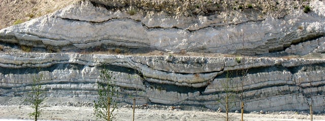 Normal faults in Spain, between which rock layers have slipped downwards (at photo's centre)