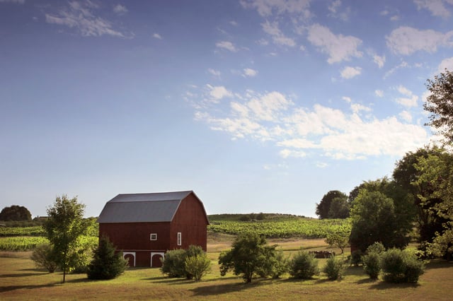 A pastoral farm scene near Traverse City, Michigan, with a classic American red barn