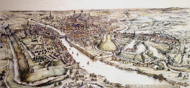 A panorama of 15th-century York by E Ridsdale Tate, York Castle is on the right hand side of the river, opposite the abandoned motte of Baile Hill