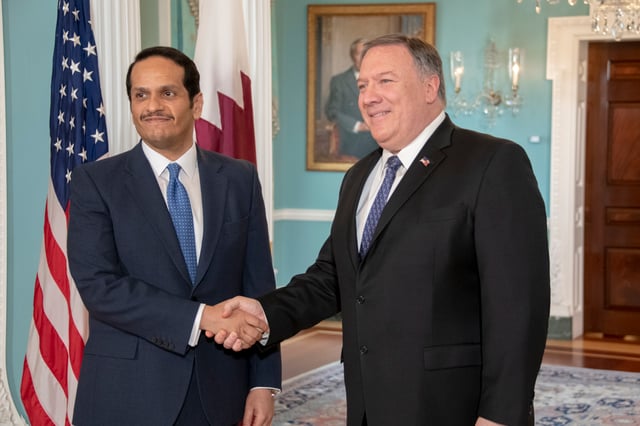 Deputy Prime Minister and Minister of Foreign Affairs Mohammed bin Abdulrahman bin Jassim Al Thani with U.S. Secretary of State Mike Pompeo in 2019.