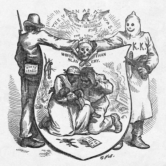 An October 24th, 1874 Harper's Magazine editorial cartoon by Thomas Nast denouncing KKK and White League murders of innocent blacks