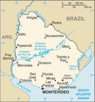 Map of Uruguay showing Montevideo on the Atlantic Ocean, between Argentina and Brazil