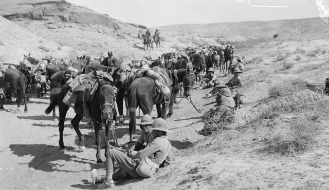 The 14th King's Hussars resting at the roadside on their way back from the third action of Jebel Hamrin, December 1917.