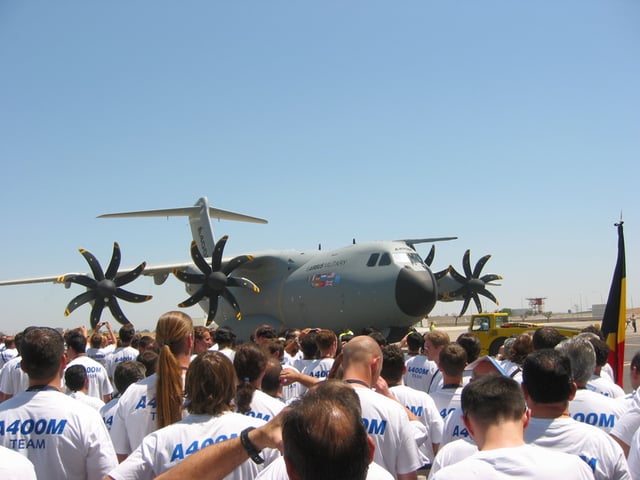 The first A400M, surrounded by EADS employees, during the aircraft's roll-out in Seville on 26 June 2008