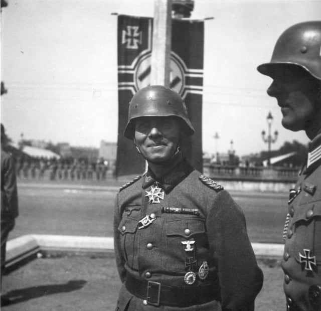 Rommel at a Paris victory parade (June 1940). Rommel had access to Reich Minister of Propaganda Joseph Goebbels via a senior propaganda official Karl Hanke, who served under Rommel during the 1940 campaign.