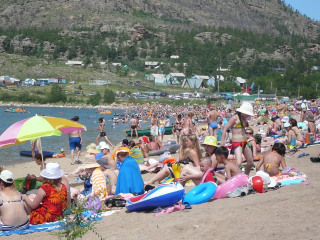 Kazakhstanis on a Lake Jasybay beach, Pavlodar Region