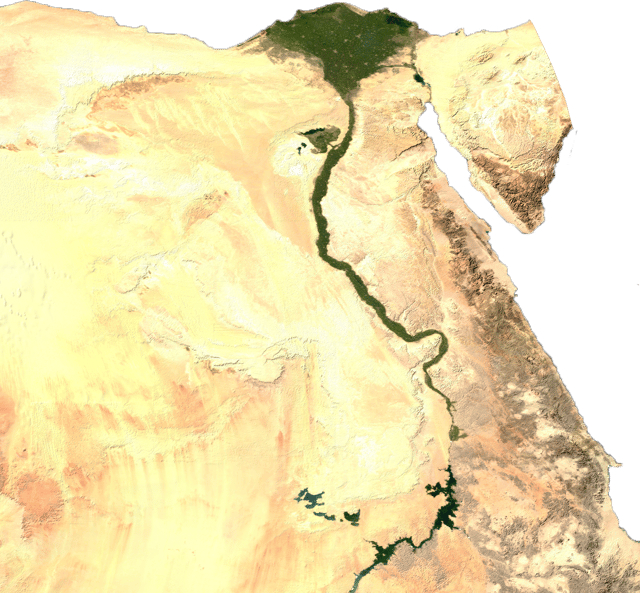 Green irrigated land along the Nile amidst the desert and in the delta