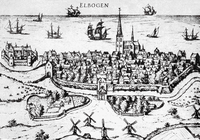 Malmö in 1580: Malmö Castle can be seen at far left, Sankt Petri Church's tower at center