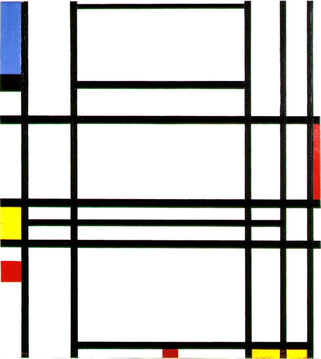 The above is a 1939–42 oil on canvas painting by Mondrian titled Composition No. 10. Responding to it, fellow De Stijl artist Theo van Doesburg suggested a link between non-representational works of art and ideals of peace and spirituality.