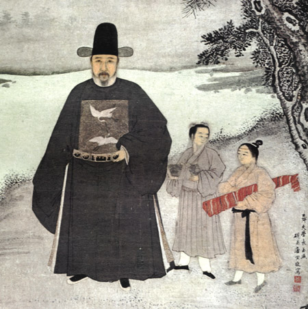A 15th-century portrait of the Ming official Jiang Shunfu. The two cranes on his chest are a "Mandarin square" for a civil official of the first rank.