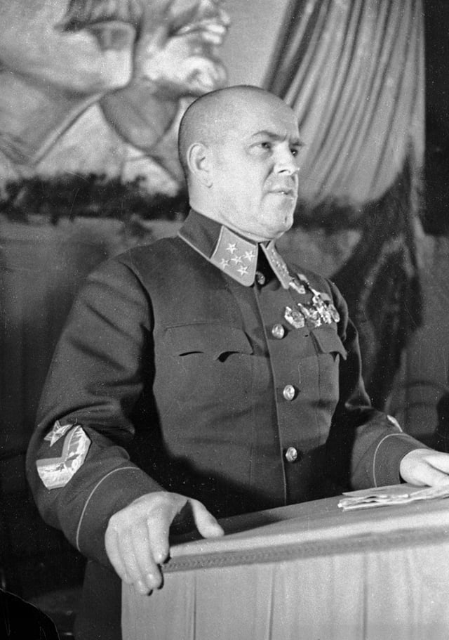 Marshal Zhukov speaking at a military conference in Moscow, September 1941