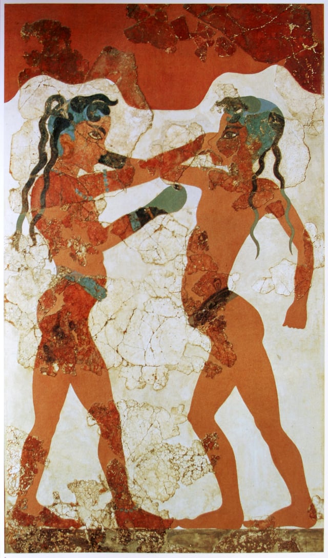 A painting of Minoan youths boxing, from an Akrotiri fresco circa 1650 BC. This is the earliest documented use of boxing gloves.