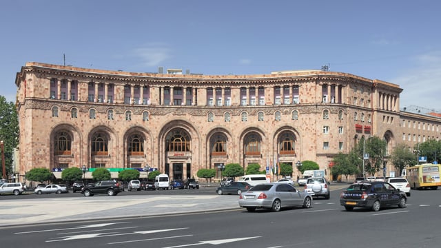 Armenia Marriott Hotel Yerevan at the Republic Square, built in 1958 with traditional Armenian arch series at the façade