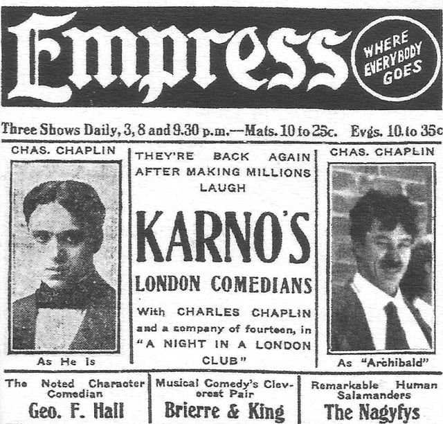 Advertisement from Chaplin's American tour with the Fred Karno comedy company, 1913