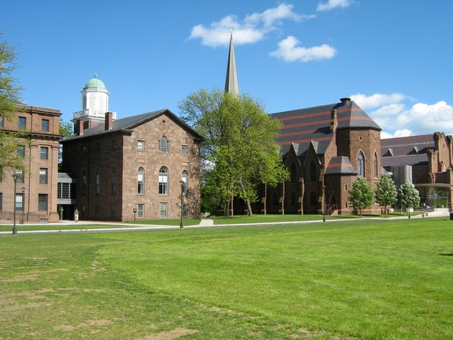 The rear of College Row: From left to right: North College, South College, Memorial Chapel, Patricelli '92 Theater (not pictured: Judd Hall)
