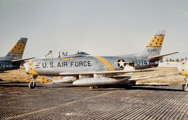 North American F-86F-35-NA Sabre Serial 53-1147 of the 21st FBW. Note the aircraft is parked on temporary steel planking, when the parking apron of Chambley was still unfinished.