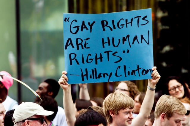 "Gay Rights are Human Rights", a quote by Democratic Secretary of State and Senator from New York Hillary Clinton