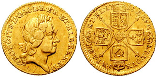 A 1718 quarter-guinea coin from the reign of George I, showing him in profile