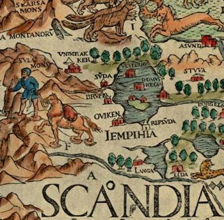 A detail from Olaus Magnus’ Carta Marina (1539). Jämtland is Latinized as "Iempihia".