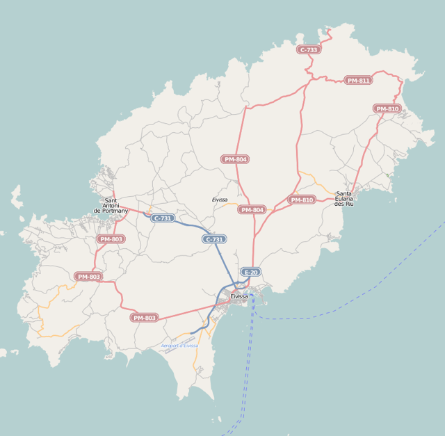 Map of roads and Ibiza Airport (on southern point) and water routes (click map to enlarge).