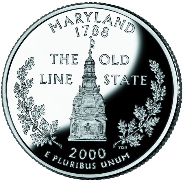 The reverse side of the Maryland quarter shows the dome of the State House in Annapolis.