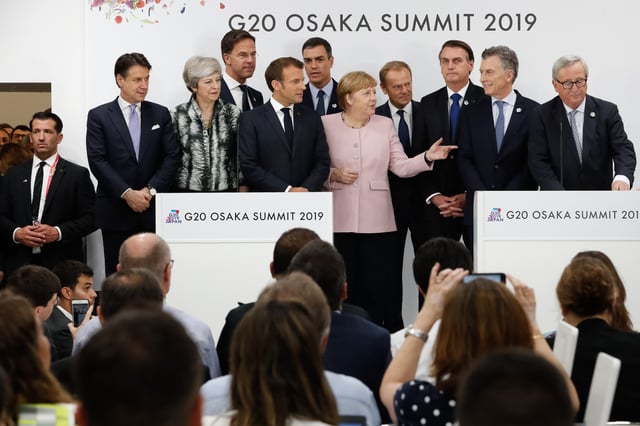 Merkel, often depicted as the unofficial leader of Europe, at the 2019 G20 Osaka summit