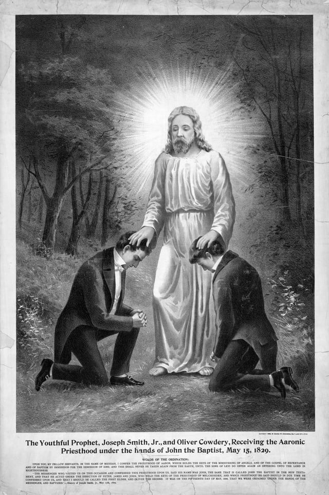A 19th-century drawing of Joseph Smith and Oliver Cowdery receiving the Aaronic priesthood from John the Baptist. Latter Day Saints believe that the Priesthood ceased to exist after the death of the Apostles and therefore needed to be restored.