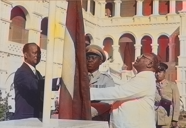 Sudan's flag raised at independence ceremony on 1 January 1956 by the Prime Minister Ismail al-Azhari and in presence of opposition leader Mohamed Ahmed Almahjoub