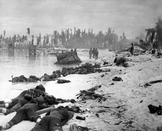 American corpses sprawled on the beach of Tarawa, November 1943