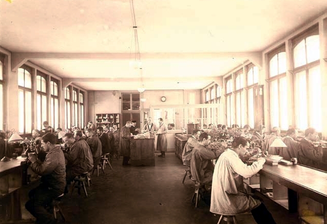 Final assembly of watches in the La Chaux-de-Fonds workshop (c. late 19th century)