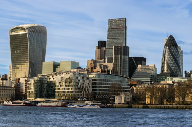 The City skyline in February 2016, including 20 Fenchurch Street (left), the Leadenhall Building (centre) and 30 St Mary Axe (right)