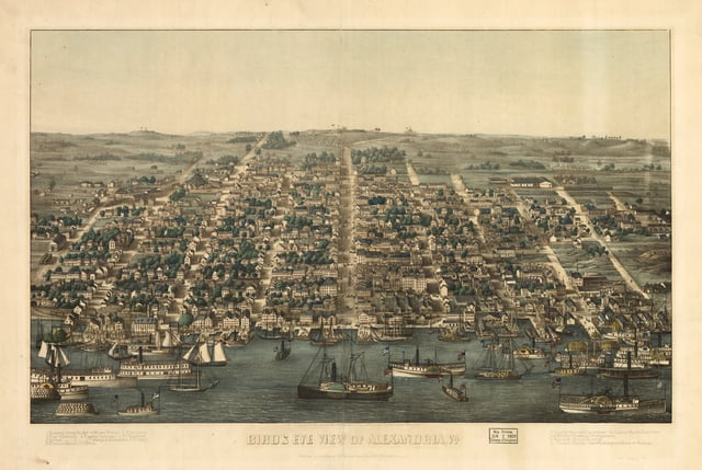 A bird's eye view of Alexandria from the Potomac in 1863. Fort Ellsworth is visible on the hill in the center background.