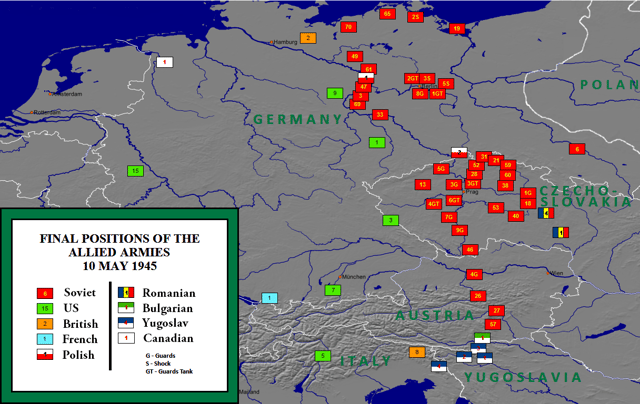 Final positions of the Allied armies, May 1945.