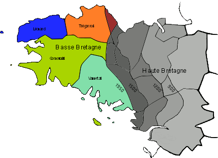 Lower Brittany (in colours), where the Breton language is traditionally spoken and Upper Brittany (in shades of grey), where the Gallo language is traditionally spoken. The changing shades indicate the advance of Gallo and French, and retreat of Breton from 900 AD.