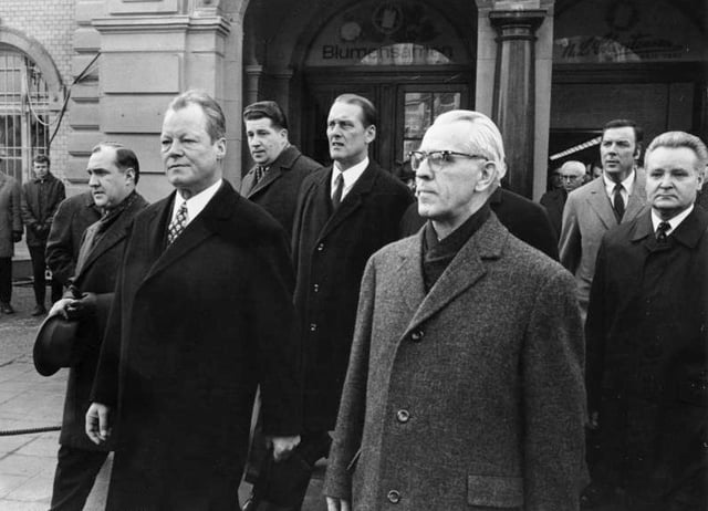 Willy Brandt and Willi Stoph in Erfurt, 1970, the first time a Chancellor met a GDR prime minister.