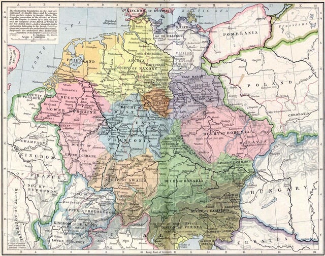 Central Europe, 919–1125. The Kingdom of Germany included the duchies of Saxony (yellow), Franconia (blue), Bavaria (green), Swabia (orange) and Lorraine (pink left). Various dukes rebelled against Otto's rule in 937 and again in 939.