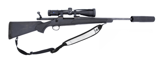 Remington Model 700 in .30-06 Springfield with mounted telescopic sight and suppressor