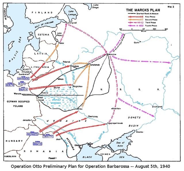 The Marcks Plan was the original German plan of attack for Operation Barbarossa, as depicted in a US Government study (March 1955).