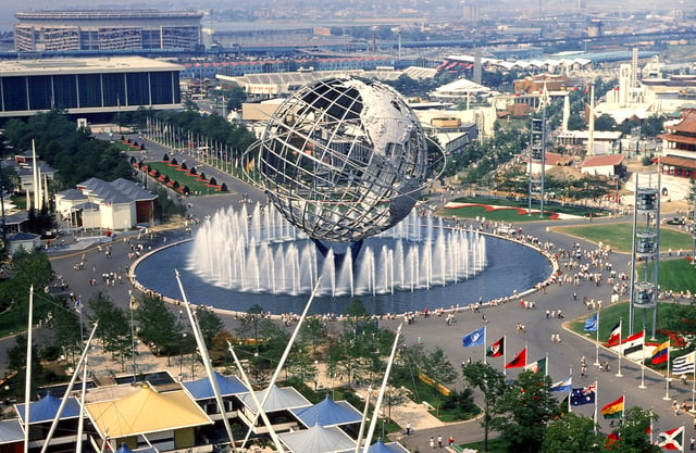 Grounds of the 1964 New York World's Fair in Flushing, Queens. Shea Stadium can be seen in the background on the upper left.