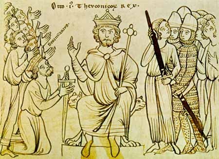 Manuscript depiction (c. 1200) of Otto accepting the surrender of Berengar II of Italy. The headline reads Otto I Theutonicorum rex ("Otto the First, King of the Germans")