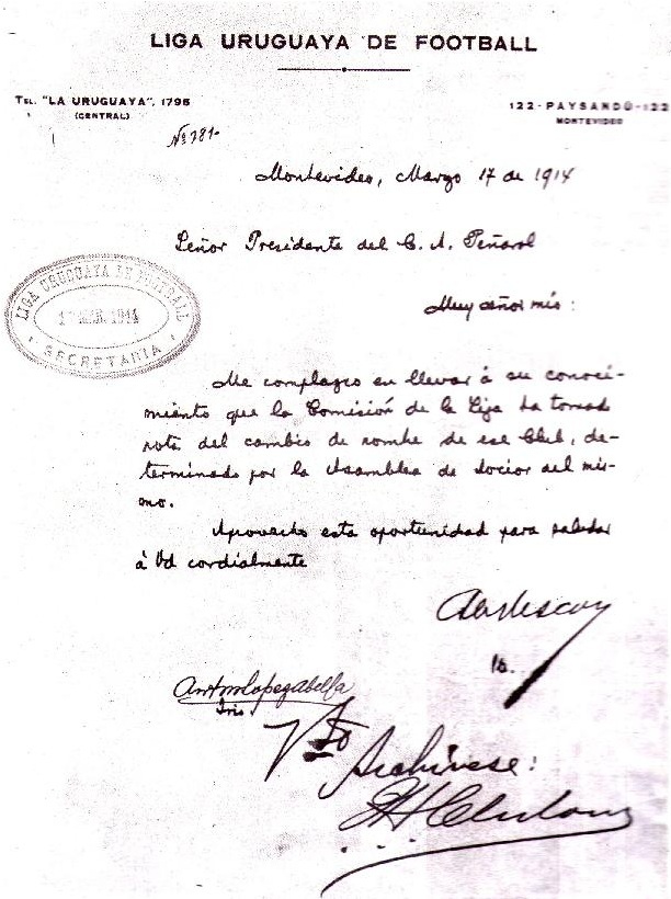 1914 letter from the Uruguayan League, approving the club's name change